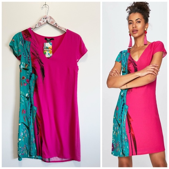 Desigual Dresses & Skirts - NWT DESIGUAL Pink & Teal Feather Print Shift Dress Women’s Size 2